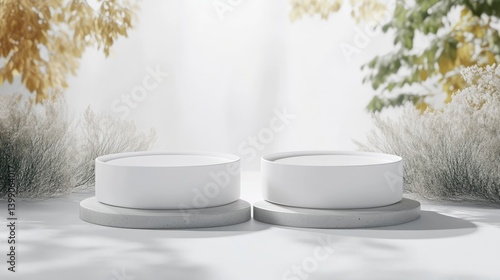 Obraz na płótnie Two white cylindrical pedestals on gray bases in a serene outdoor setting, surrounded by lush greenery and soft sunlight, and minimalist display concept. w salonie