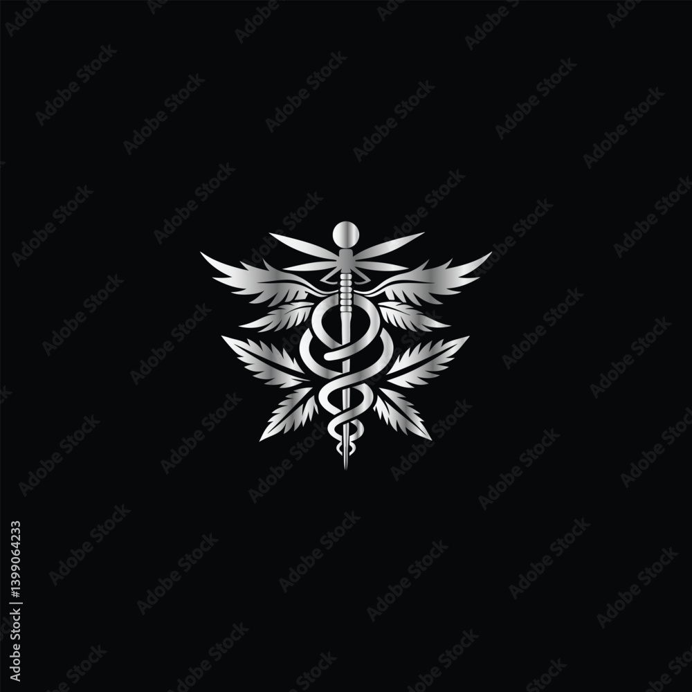 Naklejka premium Cannabis leaf vector illustration design template. Marijuana leaf icon. Caduceus Caduceus Medical Emblem. Vector illustration. 