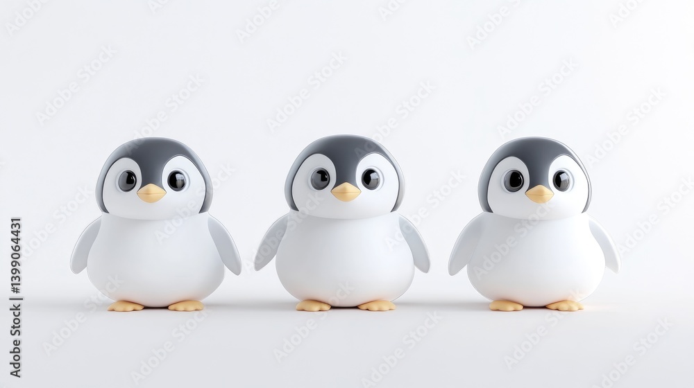Fototapeta premium Three Cartoon Penguins Minimalist Design, Soft Lighting, High Resolution, Centered Frontal View, Cute Expressions, Standing on White, Serene White Background, Perfect for Childrens Products