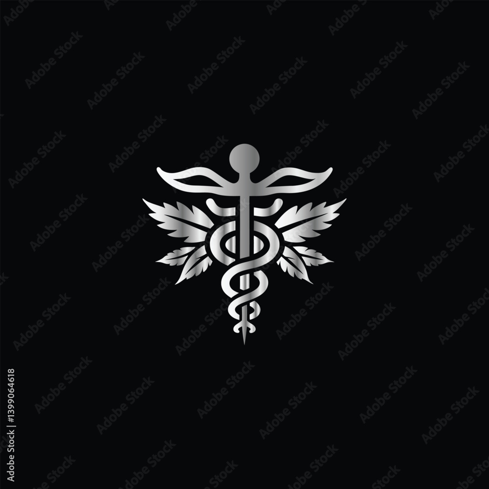 Naklejka premium Cannabis leaf vector illustration design template. Marijuana leaf icon. Caduceus Caduceus Medical Emblem. Vector illustration. 