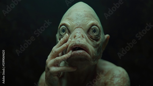 Obraz na płótnie Alien creature, unsettling, fish-like face, deep-sea creature, mysterious, surreal, pale skin, large eyes, alarmed expression w salonie