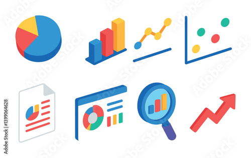 Neon 3d financial data icons set: graphs, charts, and analytics tools