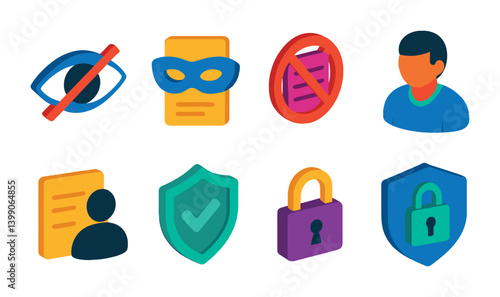 Isometric flat vector set of icons of privacy settings: incognito, data control, block user, cookie settings, app permissions, private browsing, activity log, ad settings. isolated transparent