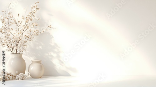 Obraz na płótnie Two ceramic vases with dried flowers casting soft shadows on a white wall, minimalistic interior design with natural light, and serene and elegant composition. w salonie