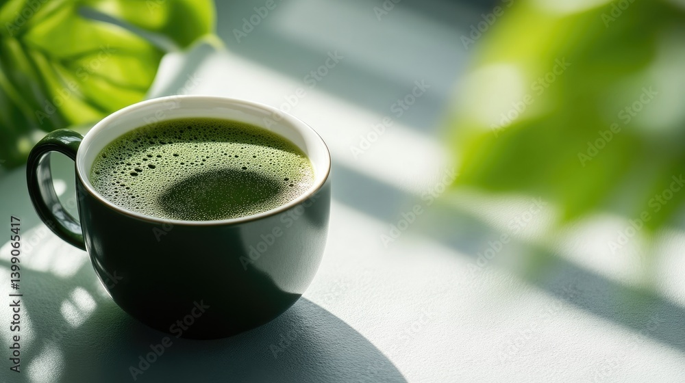 Green tea in a dark mug, peaceful morning light