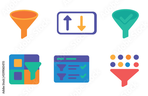 Isometric flat vector set of icons of data filters: funnel icon, sort button, filter bar, criteria check, refined view, advanced filters, filtered data icon, query builder. isolated transparent
