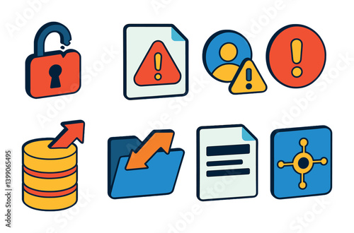 Isometric flat vector set of icons of data breach: broken lock, warning file, unauthorized access, alert icon, stolen data, exfiltration arrow, redacted file, system hole. isolated transparent