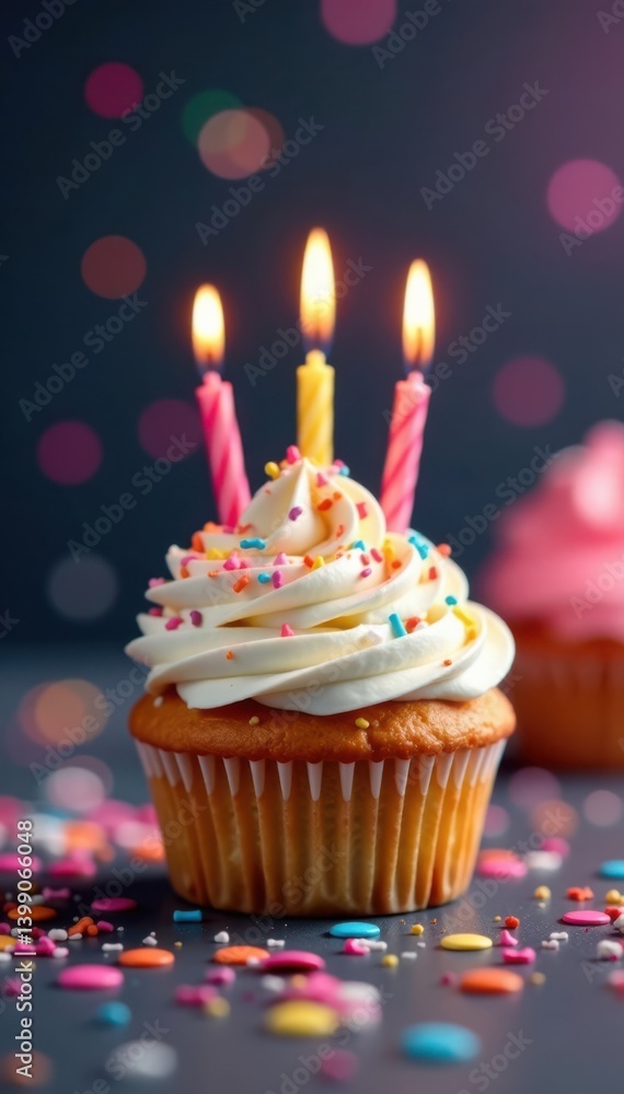 Delicious birthday cupcake on table with candles and confetti , cake, birthday Delicious birthday cupcake on table with candles and confetti , cake, birthday