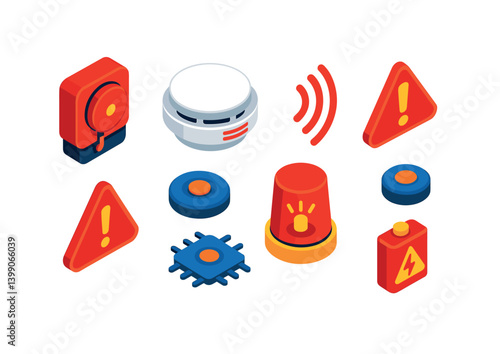 Isometric flat vector set of icons of home safety: smoke detector, fire extinguisher, first aid kit, carbon monoxide alarm, security system, emergency light, lock, alarm button. isolated transparent