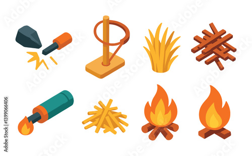Isometric flat vector set of icons of survival gear: emergency blanket, fire starter, compass, water filter, whistle, multi-tool, paracord, flashlight. . , icons isolated transparent background.