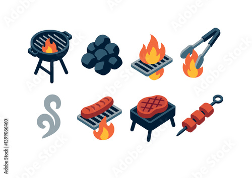 Isometric flat vector set of icons of garden and backyard: lawnmower, garden hose, shovel, rake, flower bed, tree, patio chair, barbecue grill. isolated transparent background.