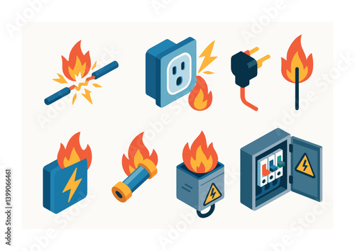 Isometric flat vector set of icons of fire hazards: gas can, electrical spark, overheat icon, matchbox, lighter flame, faulty wire, candle, fireworks. isolated transparent background.
