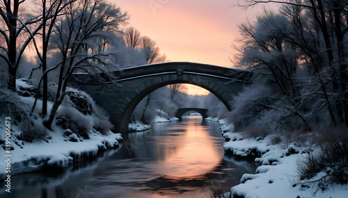 A frozen river winds beneath a snow-covered bridge, framed by wintry trees—capturing the quiet, crystalline beauty of nature’s serene winter embrace
