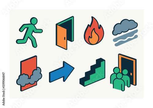 Isometric flat vector set of icons of building fire emergency: burning house, smoke from window, fire escape plan, open stairwell, emergency light, alarm button, rescue from window, evacuation door.