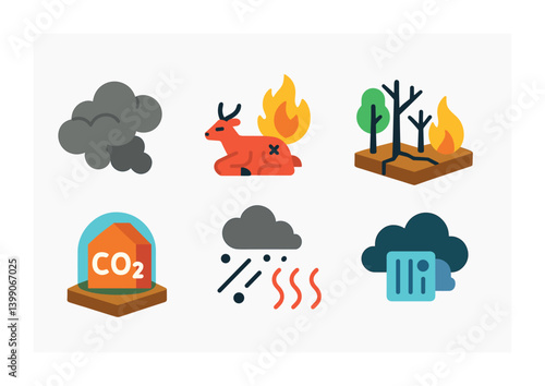 Isometric flat vector set of icons of environmental fire impact: smoke cloud, burned wildlife, scorched forest, habitat loss, greenhouse gas, ash fallout, heat haze, air quality icon. isolated