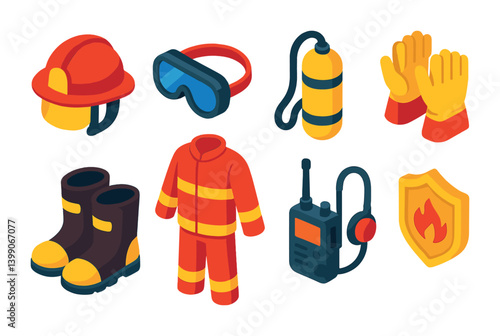 Firefighter equipment icons set: 3d style helmets, gloves, boots, radio, more