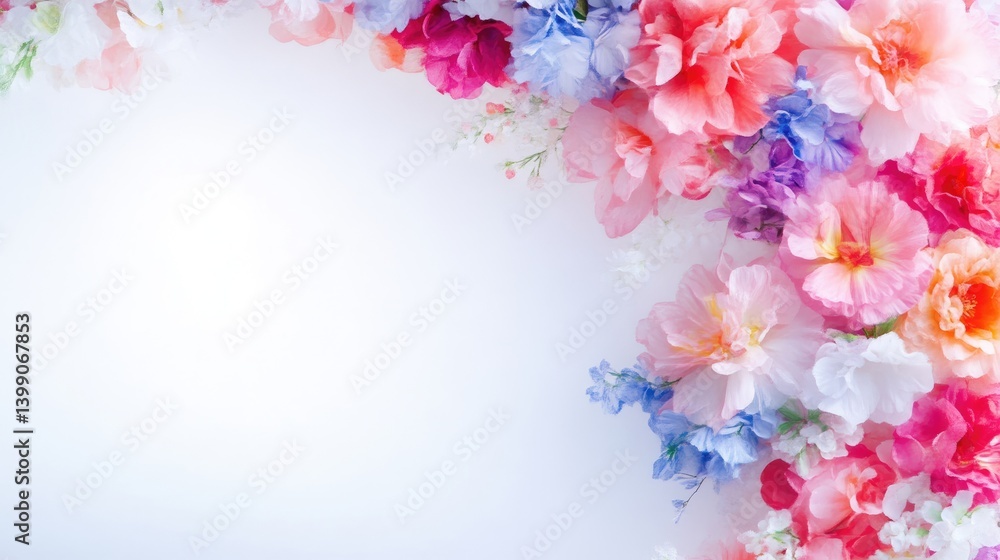 A vibrant bouquet of colorful flowers arranged in a corner composition on a soft white background, showcasing a variety of pink, purple, and white blooms, and floral elegance concept.