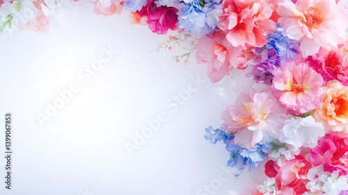 Obraz na płótnie A vibrant bouquet of colorful flowers arranged in a corner composition on a soft white background, showcasing a variety of pink, purple, and white blooms, and floral elegance concept. w salonie
