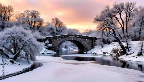 A frozen river winds beneath a snow-covered bridge, framed by wintry trees—capturing the quiet, crystalline beauty of nature’s serene winter embrace