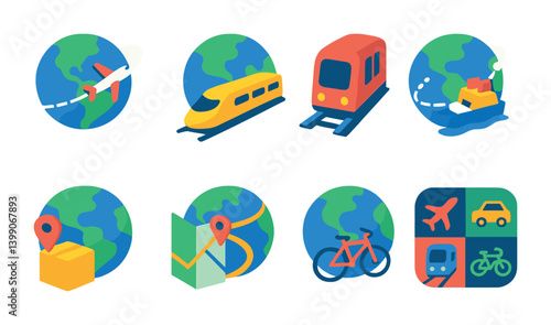 Isometric flat vector set of icons of baby transportation: stroller, baby car seat, carrier wrap, baby swing, bike seat, travel crib, sling, baby backpack. isolated transparent background.