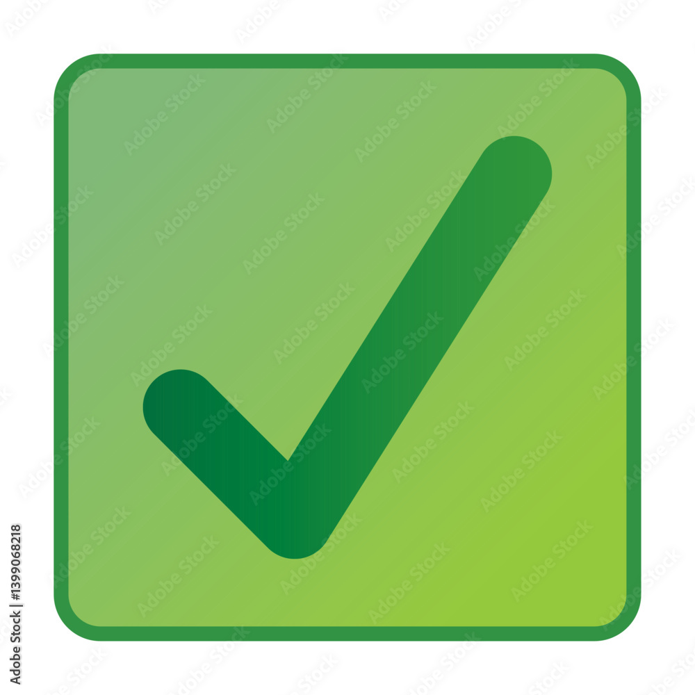 Green positive vote button with checkmark accept complete task badge vector illustration. Success confirmation logotype keypad agree approved check mark. Done checkbox. Tick button emoji icon. Green positive vote button with checkmark accept complete task badge vector illustration. Success confirmation logotype keypad agree approved check mark. Done checkbox. Tick button emoji icon.