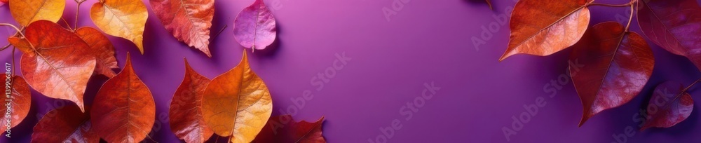 Obraz premium Dry orange metallic leaf pattern on violet background, floral, abstract