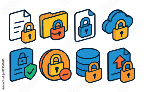 Isometric flat vector set of icons of privacy settings: incognito, data control, block user, cookie settings, app permissions, private browsing, activity log, ad settings. isolated transparent