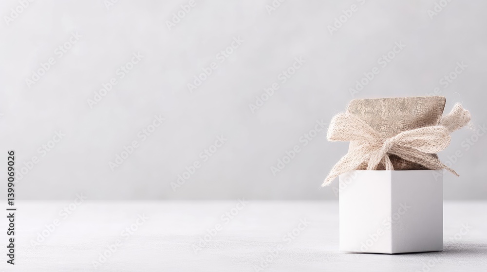 Gift Box with Bow and Fabric Minimalist style High-resolution Soft Lighting Front view Simple design Gift awaiting Neutral backdrop Soft neutral tones Website product display