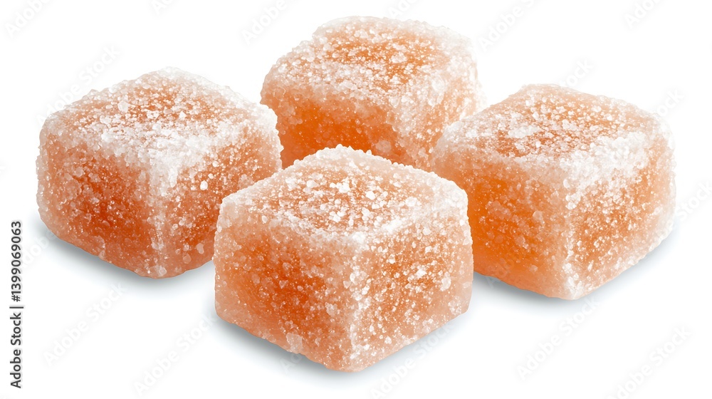 Sweet and Chewy Sugar-Covered Candy Cubes in Attractive Arrangement on White Background Sweet and Chewy Sugar-Covered Candy Cubes in Attractive Arrangement on White Background