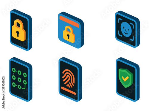 Isometric flat vector set of icons of mobile device security: phone with lock, screen lock icon, face ID, lock pattern, swipe lock, mobile fingerprint, secure app, device shield. isolated transparent