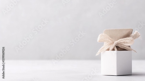 Obraz na płótnie Gift Box with Bow and Fabric Minimalist style High-resolution Soft Lighting Front view Simple design Gift awaiting Neutral backdrop Soft neutral tones Website product display w salonie