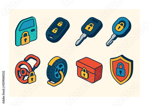 Isometric flat vector set of icons of automotive locks: car door lock, remote lock icon, smart key, ignition lock, steering lock, tire lock, trunk padlock, vehicle shield. isolated transparent