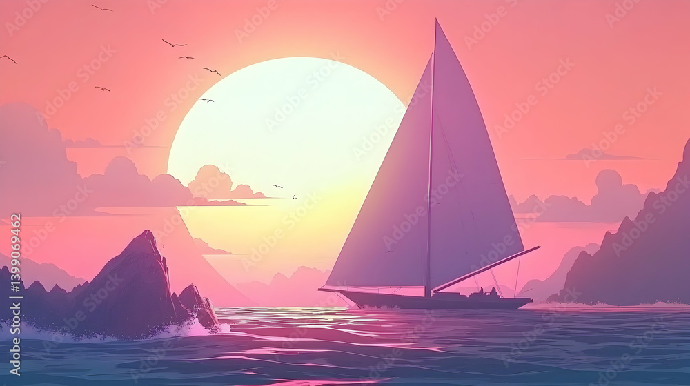 Naklejka premium Sailboat sunset ocean landscape, peaceful evening sail, rocky coastline, travel poster