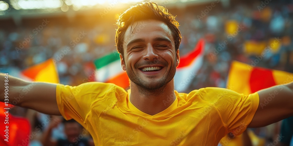 A man is smiling in front of a stadium A man is smiling in front of a stadium