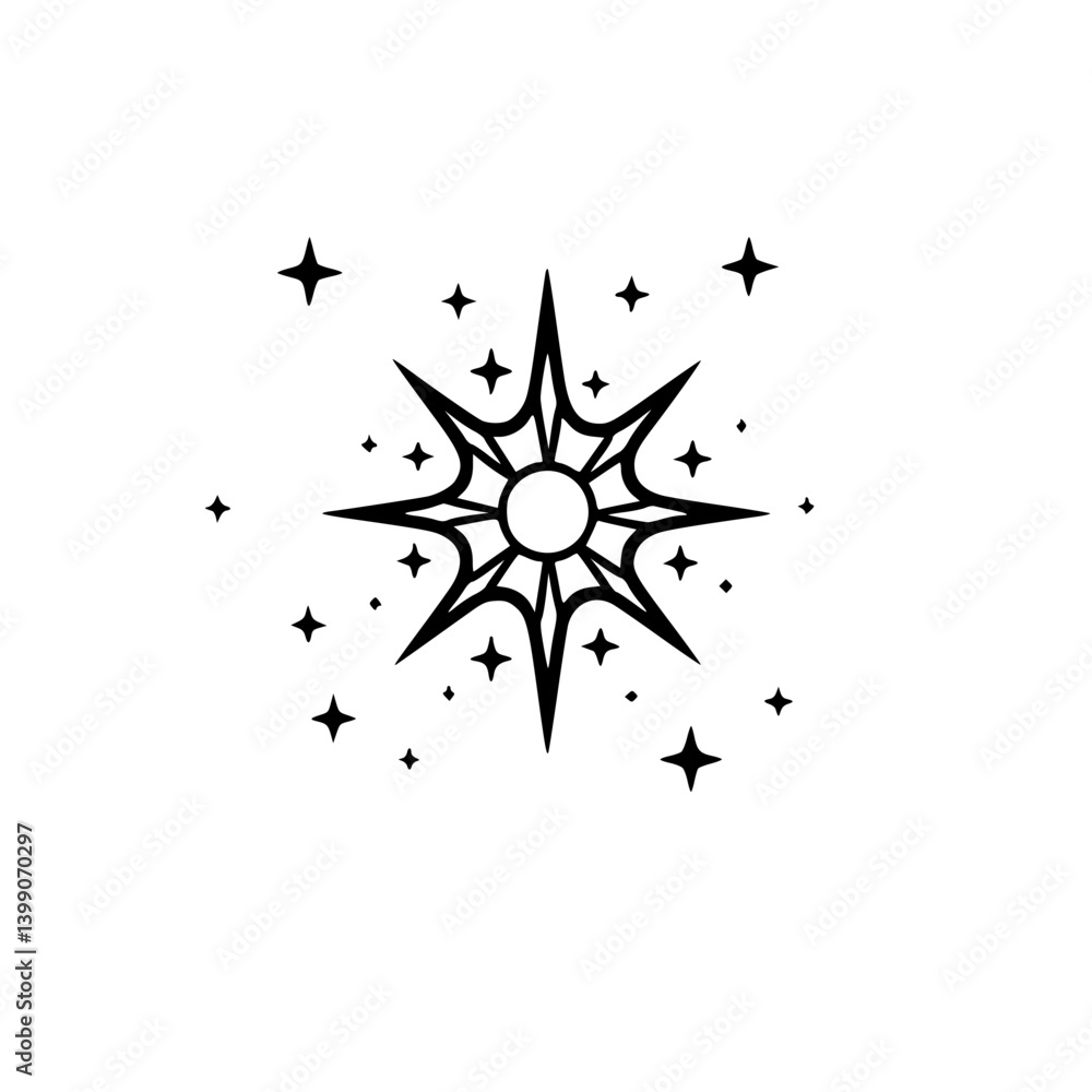 Fototapeta premium Celestial Starburst Icon with Glittering Stars - Minimalist Design