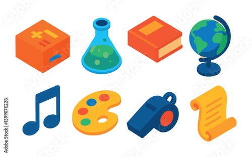 Isometric flat vector set of icons of school subjects: math icon, science flask, book for literature, globe for geography, music note, art palette, PE whistle, history scroll. isolated transparent