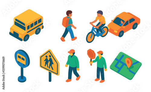 Isometric flat vector set of icons of school transportation: yellow bus, walking student, bike to school, car drop-off, bus stop sign, school zone sign, crossing guard, route map. isolated