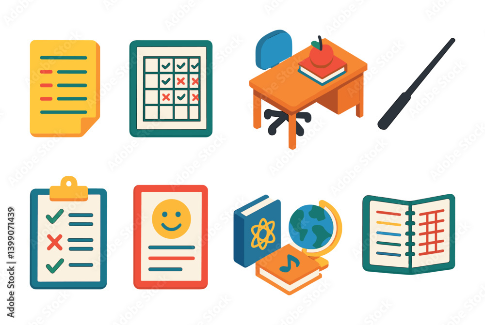 Isometric flat vector set of icons of teacher resources: lesson plan, gradebook, teacher desk, pointer stick, clipboard, feedback sheet, subject planner notebook. isolated transparent background.