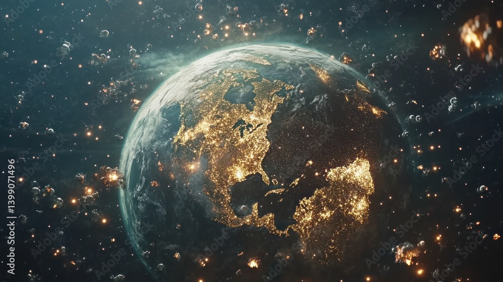 Obraz premium Earth at Night, Cosmic Debris