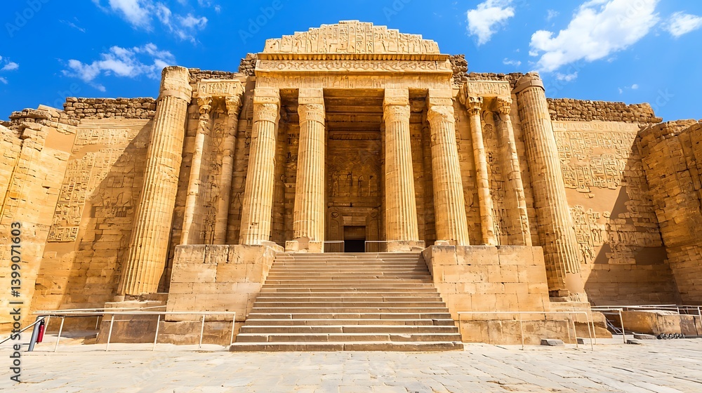 Obraz premium Ancient Temple Exterior with Tall Columns and Stone Steps Under Bright Blue Sky
