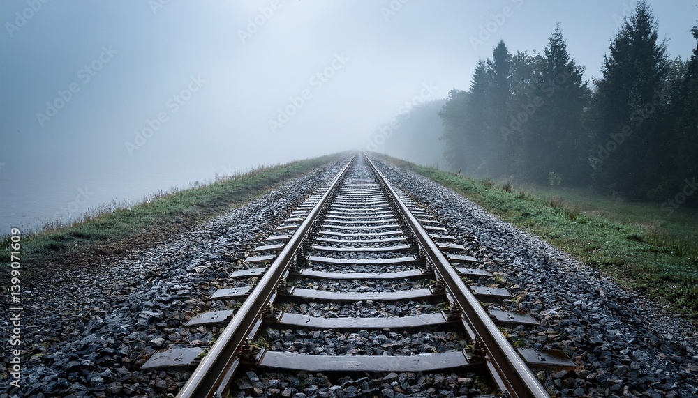 Fototapeta premium 雨の日の線路、遠くまで続くレール