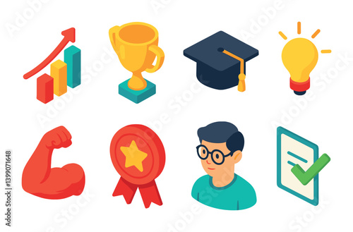 Isometric flat vector set of icons of academic success: rising graph, trophy, graduation cap, lightbulb idea, motivation icon, success badge, smart student, completed task. isolated transparent