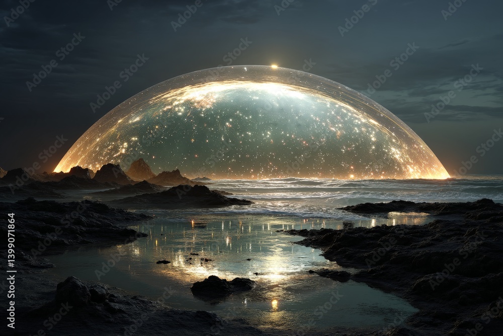 A massive shield-like force field forming a perfect dome over a dark rocky moon A massive shield-like force field forming a perfect dome over a dark rocky moon