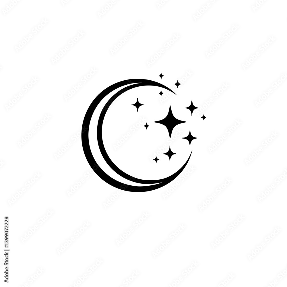 Crescent Moon and Stars Icon: Celestial, Minimalist Design Crescent Moon and Stars Icon: Celestial, Minimalist Design