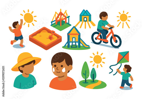 Isometric flat vector set of icons of children and sun: kid playing in sun, sun and sandbox, playground with rays, bike in sunlight, sunhat child, sunscreen on face, sunny park, kite flying. isolated