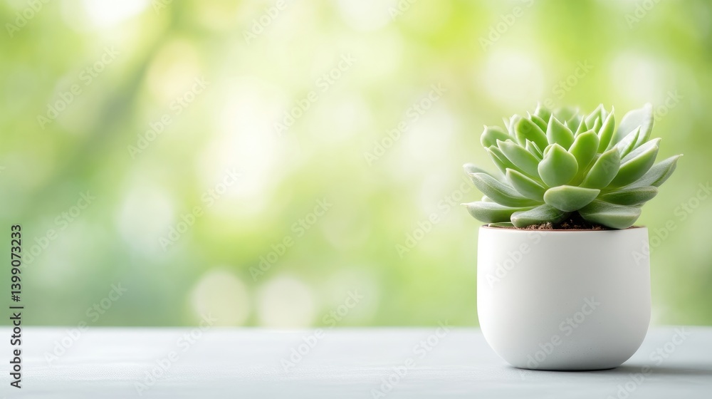 A small green succulent plant in a white ceramic pot on a light grey surface, blurred natural green background, and minimalistic and serene composition.