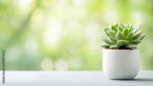 Obraz na płótnie A small green succulent plant in a white ceramic pot on a light grey surface, blurred natural green background, and minimalistic and serene composition. w salonie