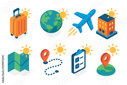Vibrant 3d travel and navigation icon set for vacation and adventure designs