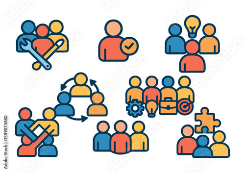 Isometric flat vector set of icons of cross-functional teams: mixed skills icon, role badge, shared knowledge, diverse roles, collaboration icon, multifunctional group, joint effort, expertise mix.