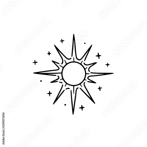 Minimalist Sun Burst Illustration, Celestial Design, Black & White